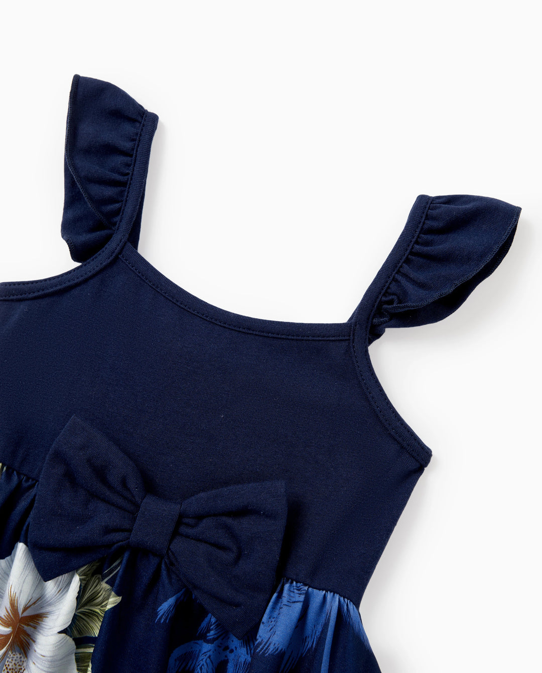 Family Matching Floral Print Cotton Top Short-sleeve Shirt or Splicing Sleeveless Tank Dress Deep Blue