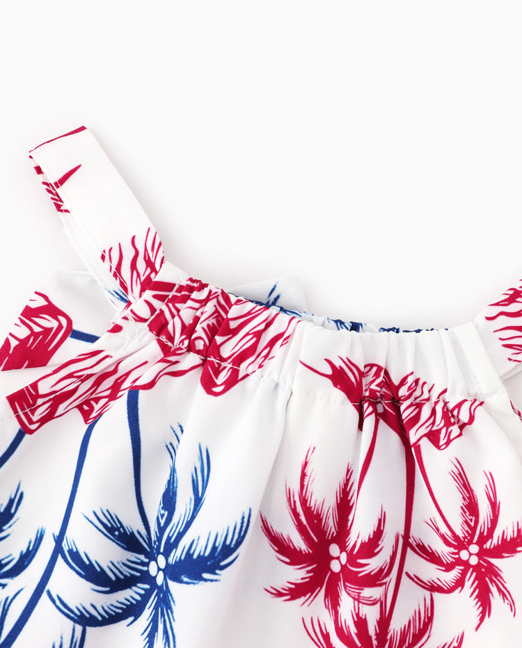 Independence Day Matching Family Outfits Red & Blue Palm Tree Print Hawaiian Vacation Clothes Summer Beach Shirt & Dress Set Multi-color