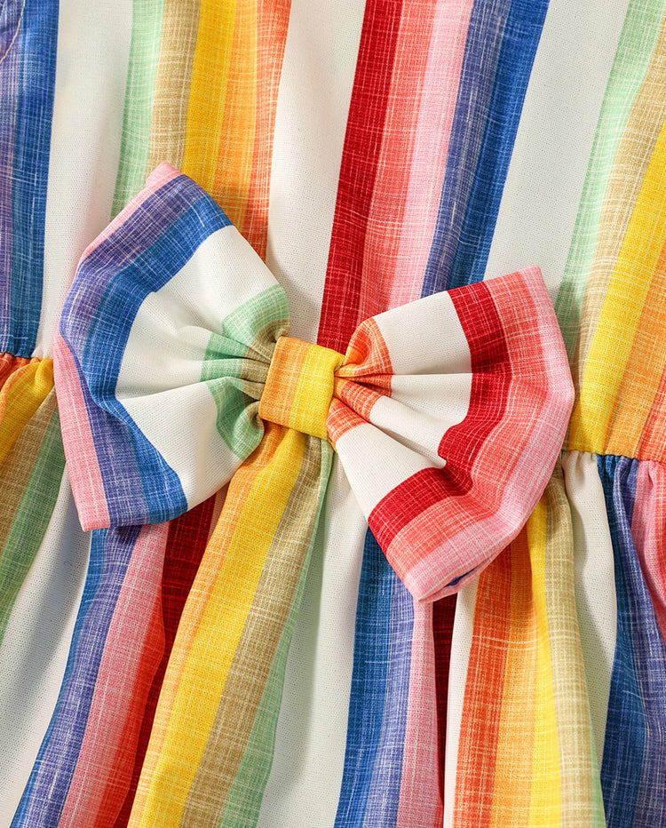 Family Matching Colorful Striped V Neck Flutter-sleeve Dresses and Short-sleeve T-shirts Sets COLOREDSTRIPES