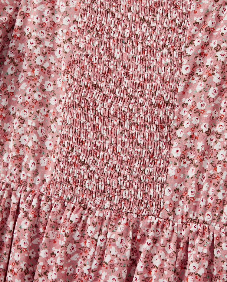 Family Matching Blue Cotton Colorblock Tee Shirt or Floral Print Smocking Puff-sleeve Dress Set  Pink