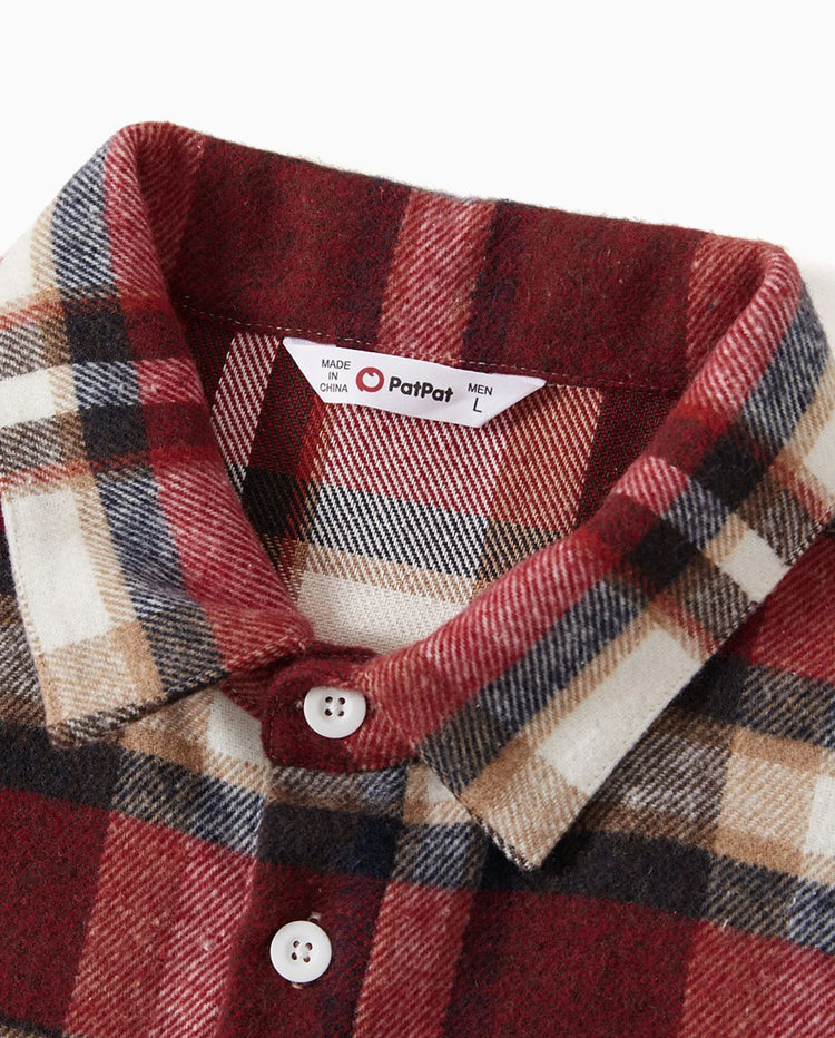 Passende, solide, gerippte, gespleißte, karierte Kleider mit Gürtel und langärmlige Button-up-Hemden-Sets für die Familie kastanienbraun
