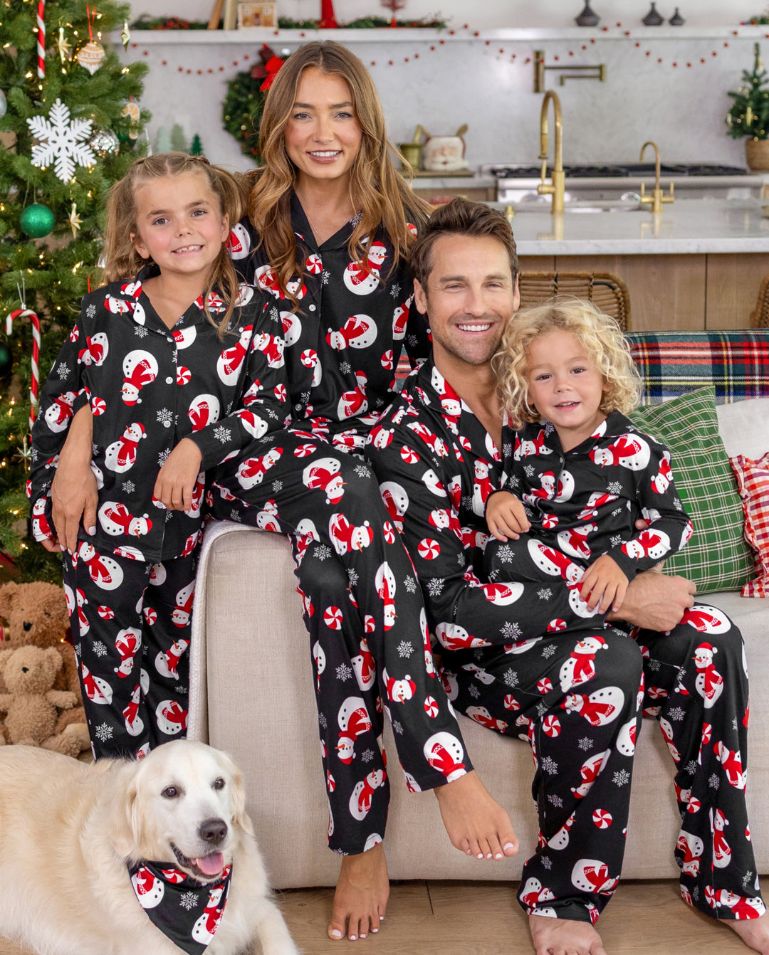 Weihnachts-Pyjamas im Familien-Partnerlook, Schneemann-Print, Schwarz