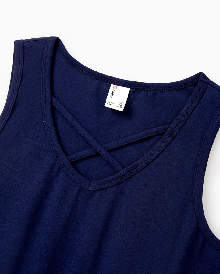 Family Matching Blue Cotton Tee and Flora Splicing Tank Top Dress Sets Deep Blue