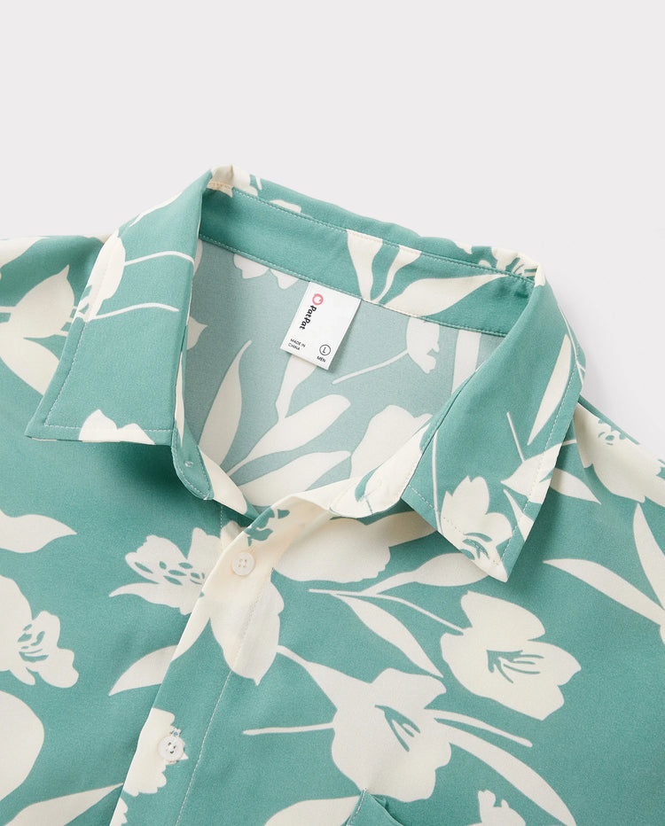 Family Matching Leaf Print Green Short-sleeve Shirt or Sling Shirred Dress Set Green