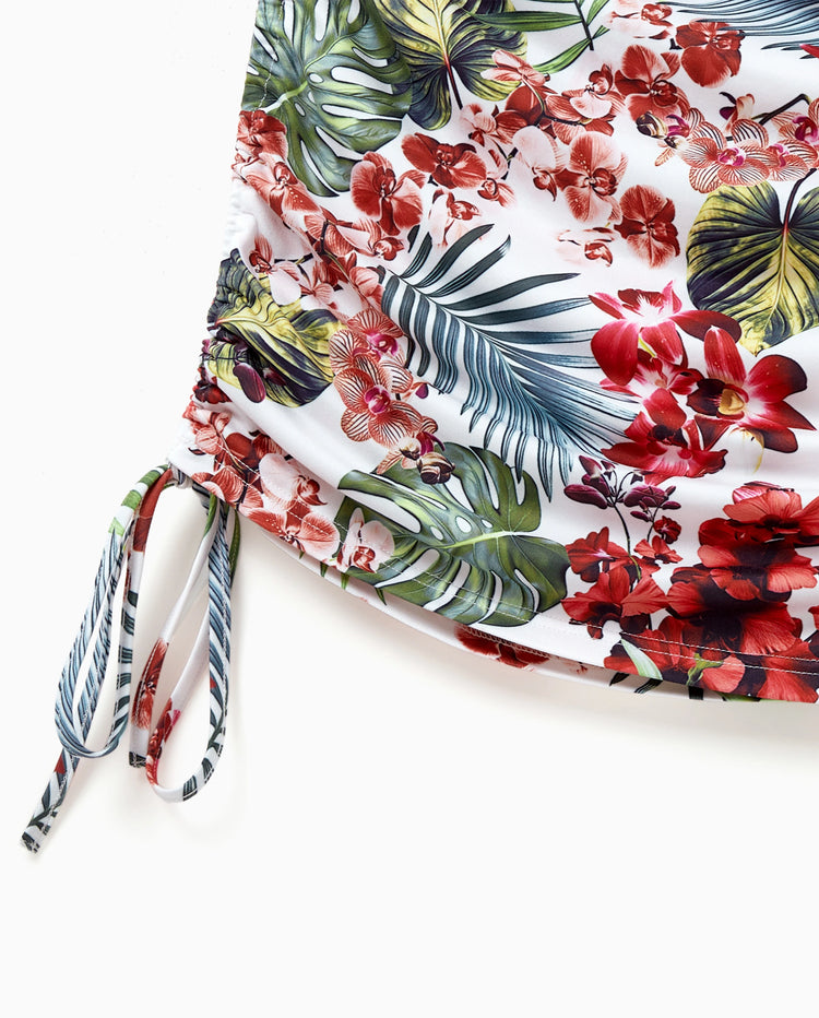 Family Matching Floral Print Outfits Tropical Print Spaghetti Strap Body-con Dress for Mom & Daughter, Color-Blocked T-Shirts for Dad & Son Perfect for Summer Vacations & Family Photos Red