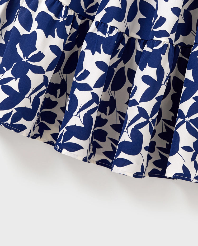 Family Matching Blue Colorblock Tee or Leaf Print Smocking Puff-sleeve Dress Set Blue
