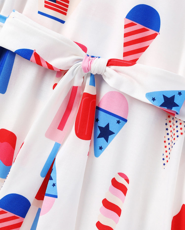 Independence Day Family Matching Patriotic Ice Cream Print Summer Cotton T-shirt & V-Neck Dresses White