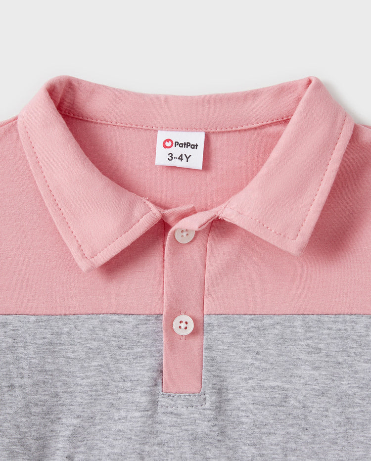 Family Matching Pink Set Solid Colorblock Polo collar Short-sleeve Shirt or Ruffle-sleeve Belted Dress Pink