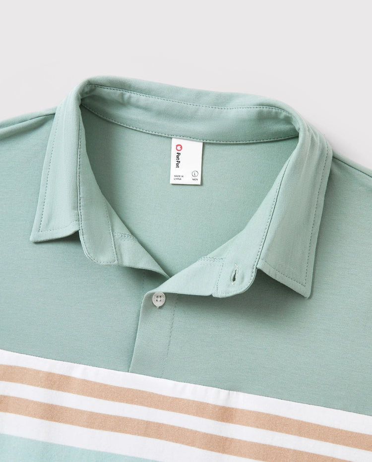 Conjuntos familiares a juego: polo de rayas verdes o vestido con cinturón y tirantes con estampado floral verde claro