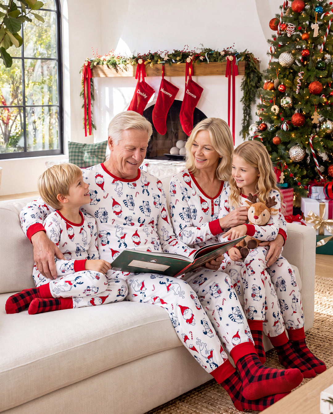 Ensemble pyjama de Noël assorti pour toute la famille, imprimé Père Noël et chiens, avec chaussettes de Noël blanches