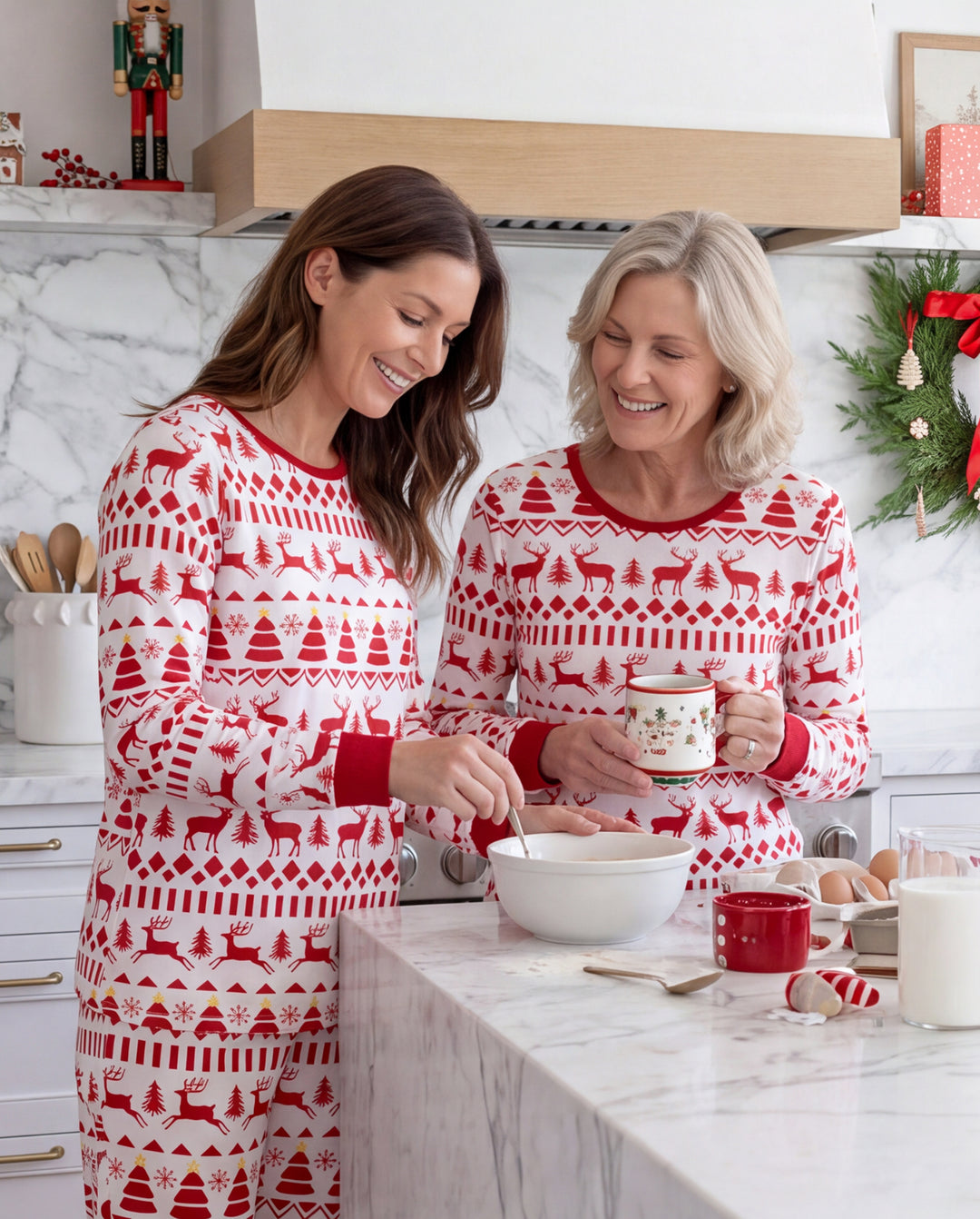 Pijamas navideños a juego para toda la familia, estampado de Fair Isle y reno, rojo