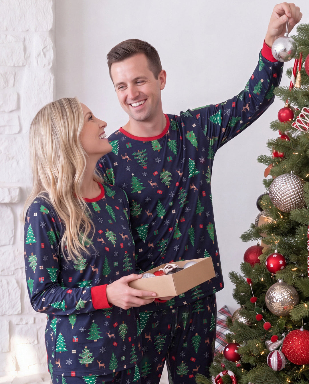 Christmas Matching Family Pajamas Xmas Tree Print Navy