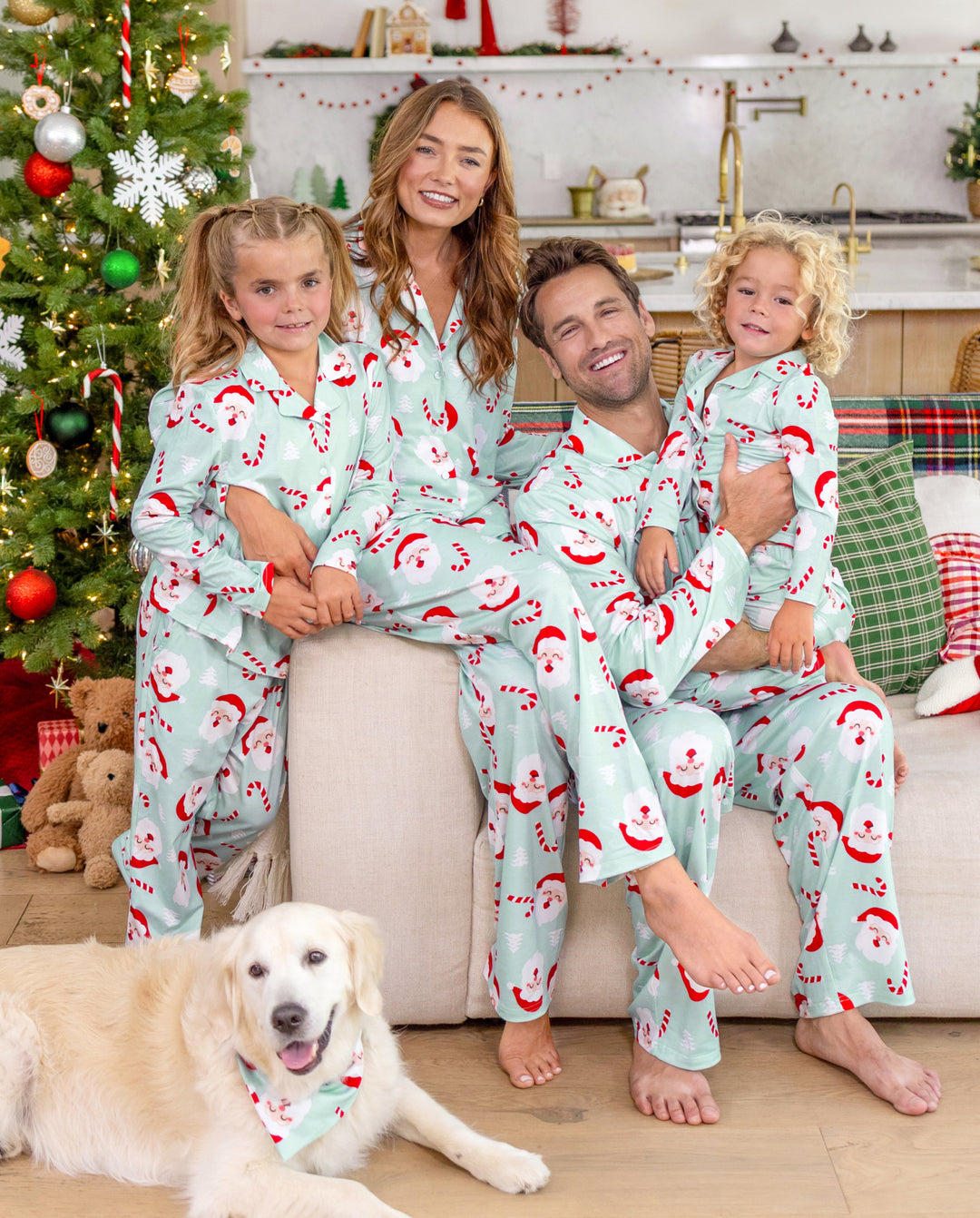 Weihnachts-Pyjamas im Familien-Partnerlook, Weihnachtsmann-Print, mit Kragen, Grün