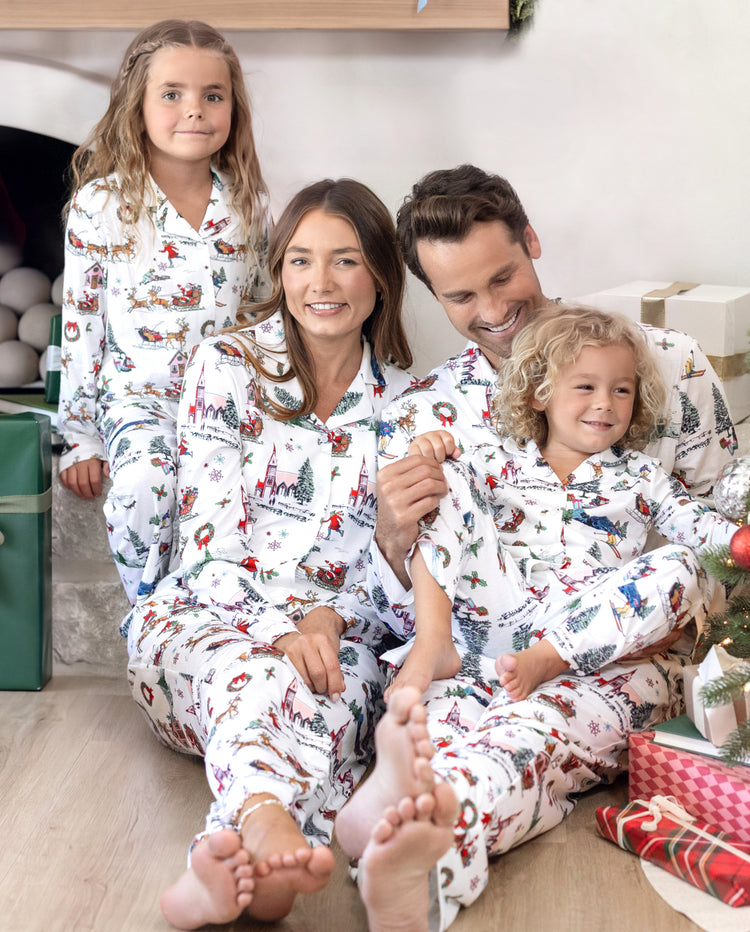 Pyjamas de Noël assortis pour la famille, imprimé village de Noël, blanc