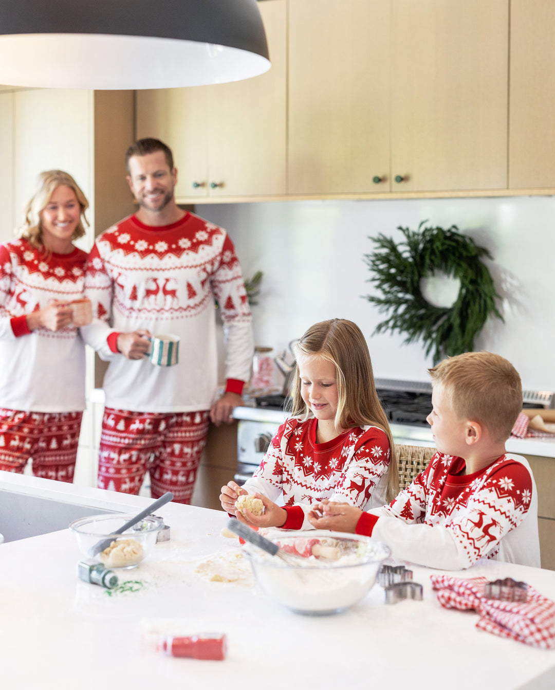 Family Matching Christmas Pajamas Fair Isle & Reindeer Print Red