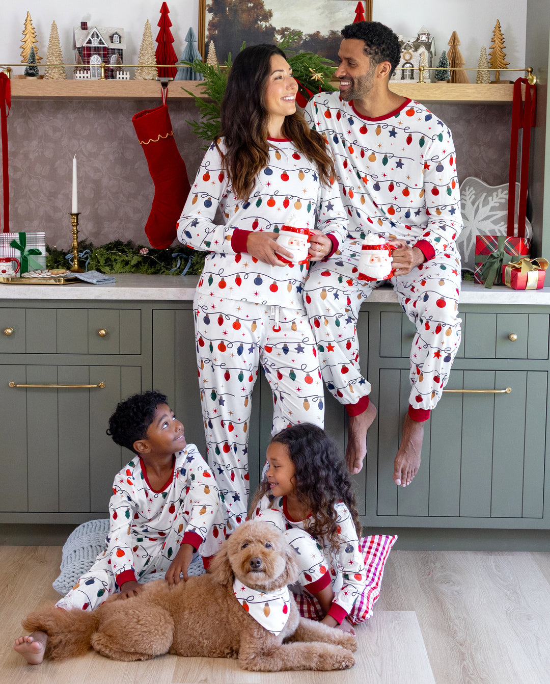Christmas Matching Family Pajamas Xmas Lights Print White