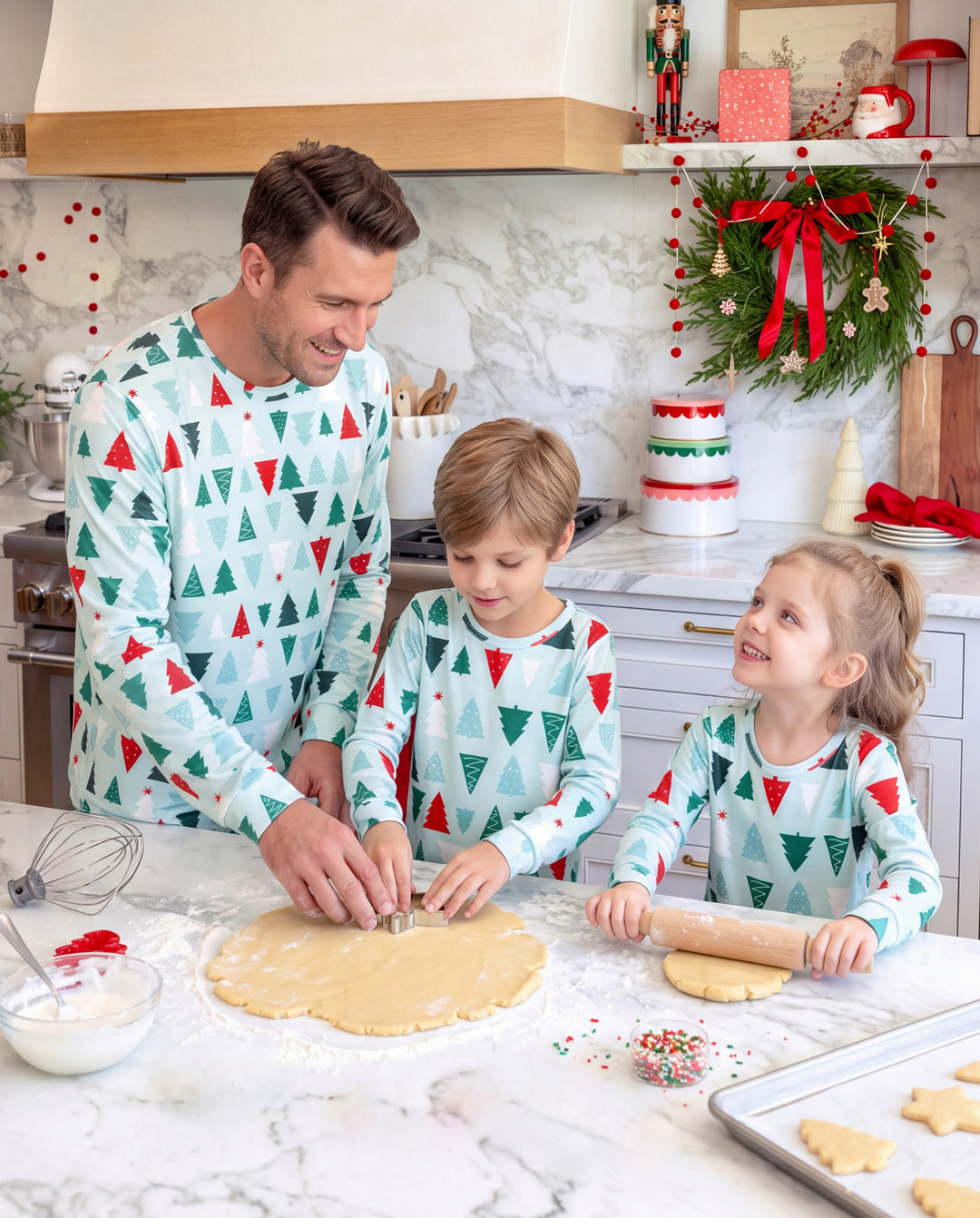 Pyjamas de Noël assortis pour toute la famille, motif sapin de Noël, coton bleu