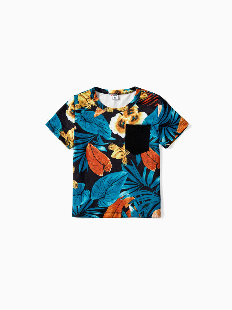 Ensembles assortis pour toute la famille : t-shirt à imprimé floral et robe à bretelles latérales avec cordon de serrage et fronces florales, noir