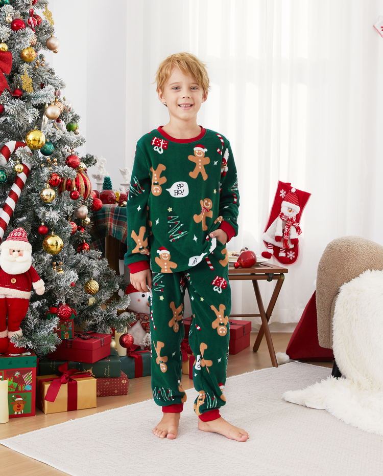 Family Matching Christmas Pajamas Gingerbread Print Fleece Green