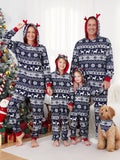 Christmas Matching Family Pajamas Set 3D Reindeer Hooded Allover Snowflake and Reindeer Print Dark Blue Onesie PJS with Christmas Socks blueblack