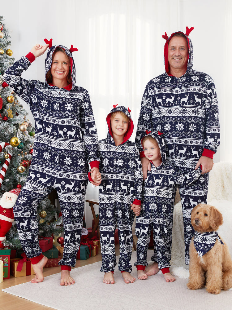Christmas Matching Family Pajamas Set 3D Reindeer Hooded Allover Snowflake and Reindeer Print Dark Blue Onesie PJS with Christmas Socks blueblack