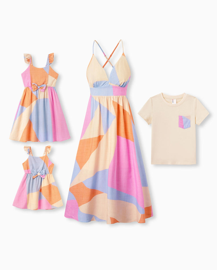 Mommy & me Outfits Set Colorblock Sleeveless Strappy Dress or Short-sleeve T-shirt Multi-color