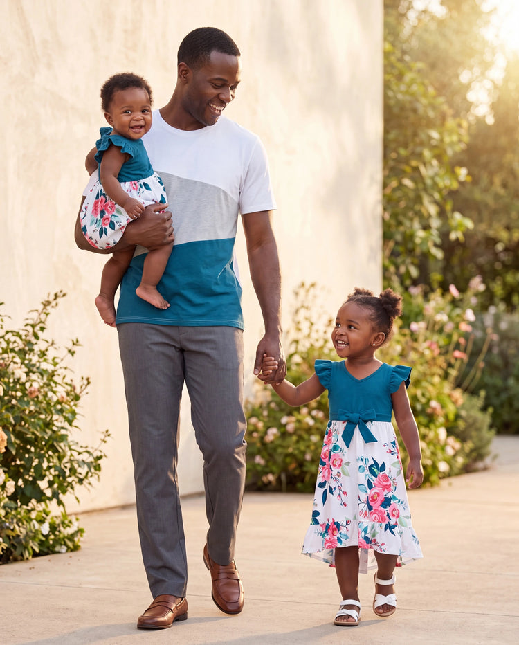 Vestidos con escote en V sólido y mangas de volantes combinados con estampado floral y conjuntos de camisetas de manga corta a bloques de color para papá e hija Azul celeste