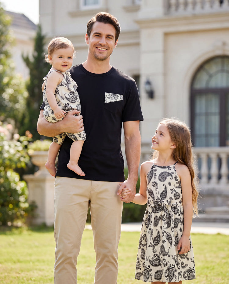 Papa & Tochter Paisley-Muster Outfits Ärmelloses Spaghetti-Träger Kleid & Baumwoll-T-Shirt für Mama, Papa & Kinder Perfekt für Familienausflüge & Fotos Schwarz