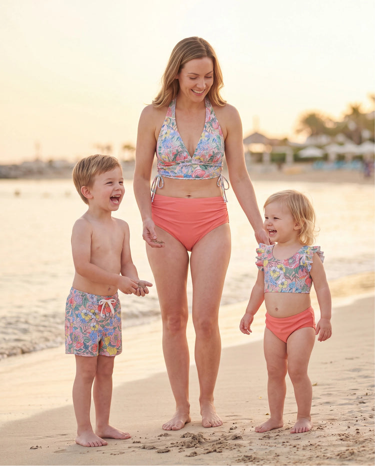 Mommy & me Floral Swimwear Bikini Set for Mom & Daughter Floral Board Shorts for Dad & Son, Cute Beach Outfits for Vacation & Pool Days Multi-color
