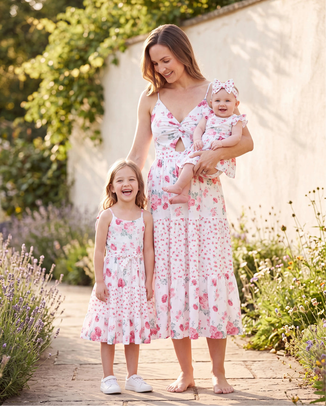 Mommy and Me Family Matching Outfits Set Solid Color Short-sleeve Polo Collar Shirt or Flower Print Hollow out Dress  Pink