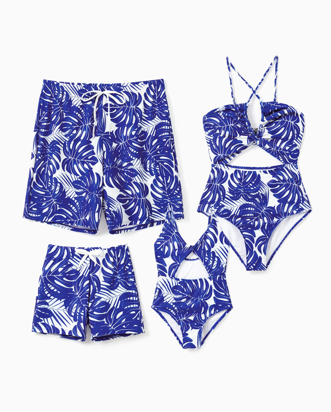 Family Matching Tropical Leaf Print Swim Trunks or Hollow-out Crisscross Straps One-piece Swimsuit Blue