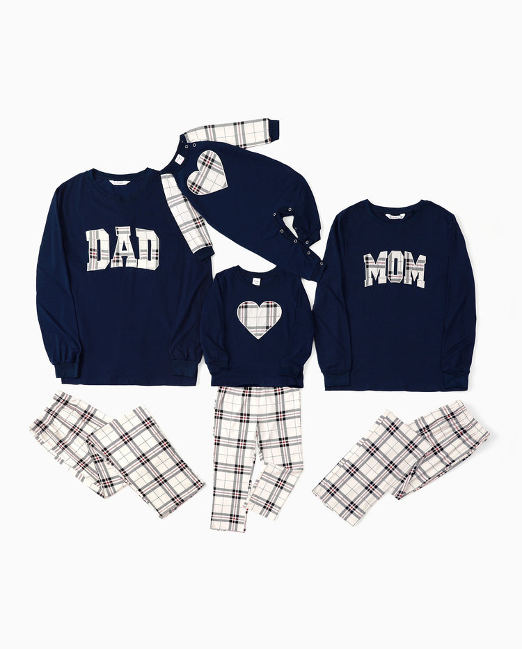 Family Matching School Grid Letter Print Patch Long Sleeve Pajamas Sets Blue
