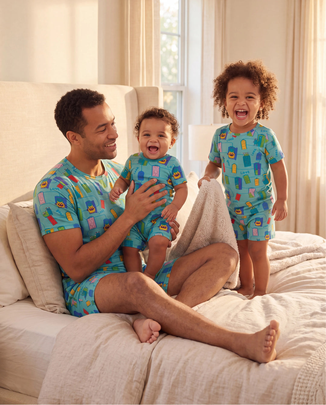 Pyjamas familiaux en bambou Papa & Fils Ensemble pyjama assorti à manches courtes avec imprimé cartoon (ajusté pour enfants) Vert