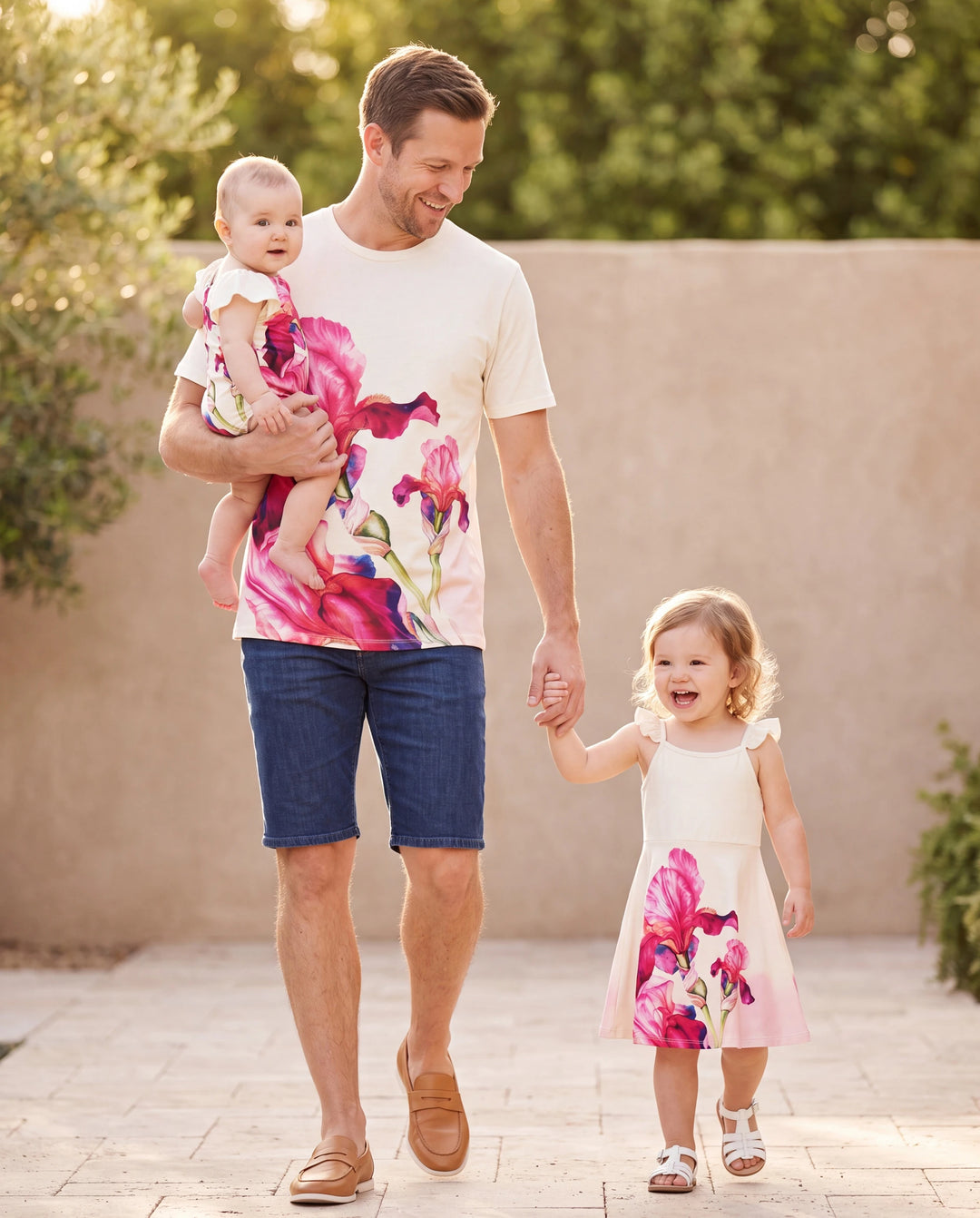 Daddy & Daughter Casual Outfit Floral Print T-shirt or Halter Dress Summer Set for Vacation Apricot