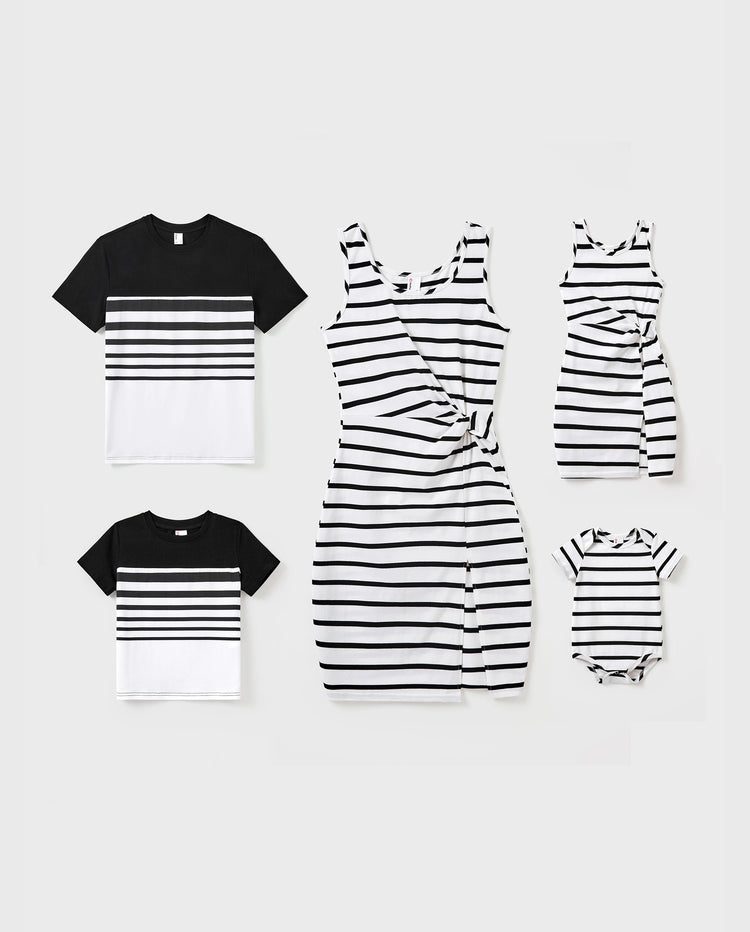 Family Matching Cotton Set Schwarz-weiß gestreiftes T-Shirt oder Träger-Bodycon-Kleid  Schwarz+Weiß