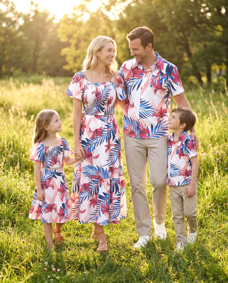 Tropische Blumen Familie Passende Outfits Rosa Blau Blattdruck Kurzarmhemd oder eine Schulter gesmoktes Oberteil und Rock Kombinationsset für Urlaub, Kreuzfahrt, Strand weiß