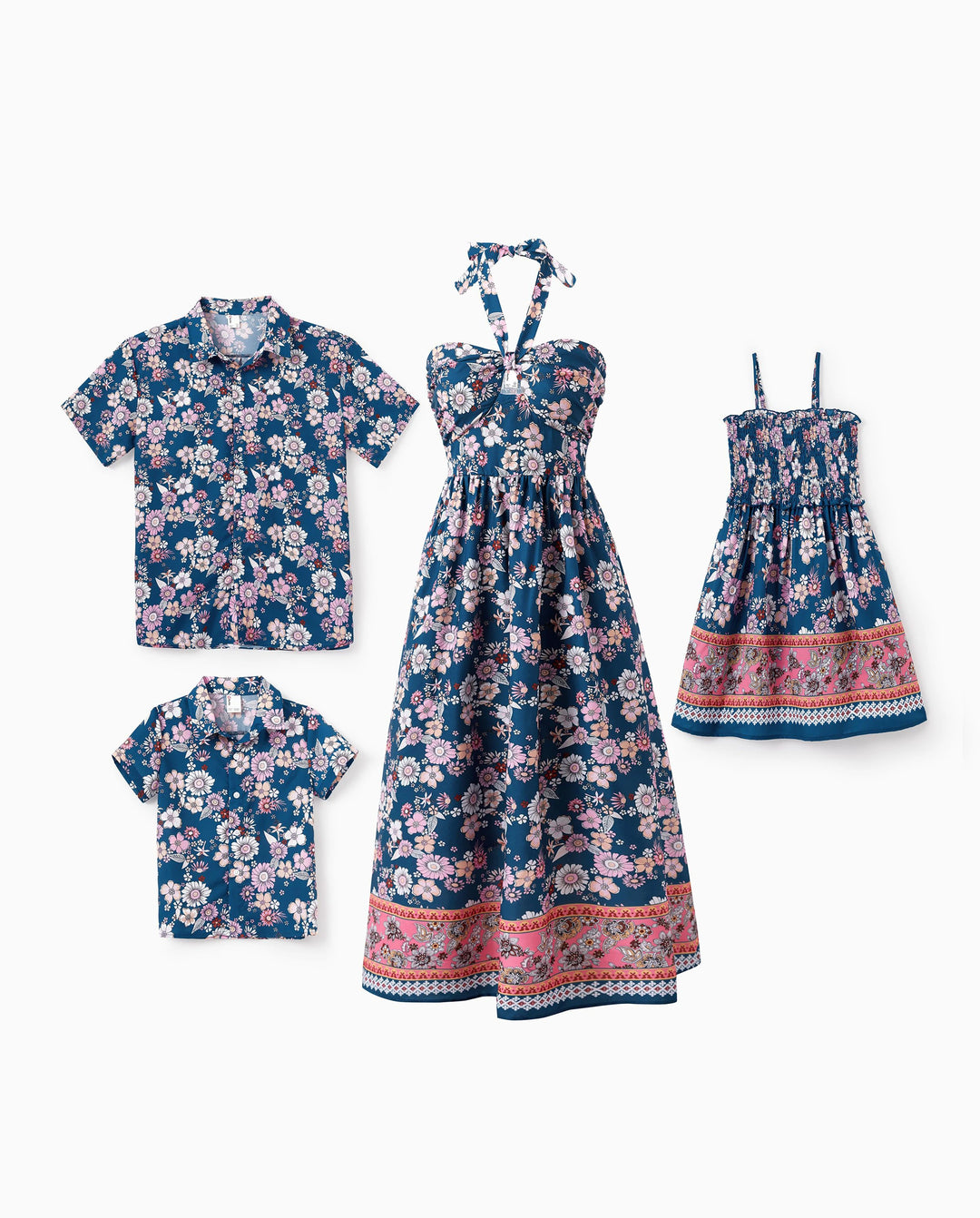 Conjunto de Ropa a Juego para la Familia Camisa con Cuello y Estampado Floral Completo de Manga Corta o Vestido sin Mangas Halter para Vacaciones de Verano CIAN-