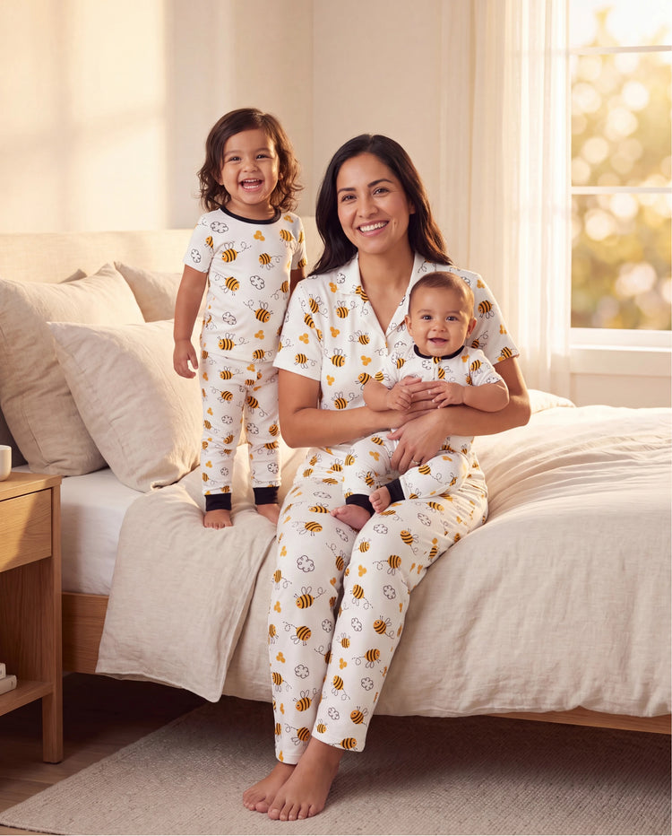 Mommy & me Bamboo Pajamas Soft Bamboo Viscose PJs for Men Women Kids Toddler, Cute Bee Print Sleepwear with Short Sleeve Top and Long Pants White