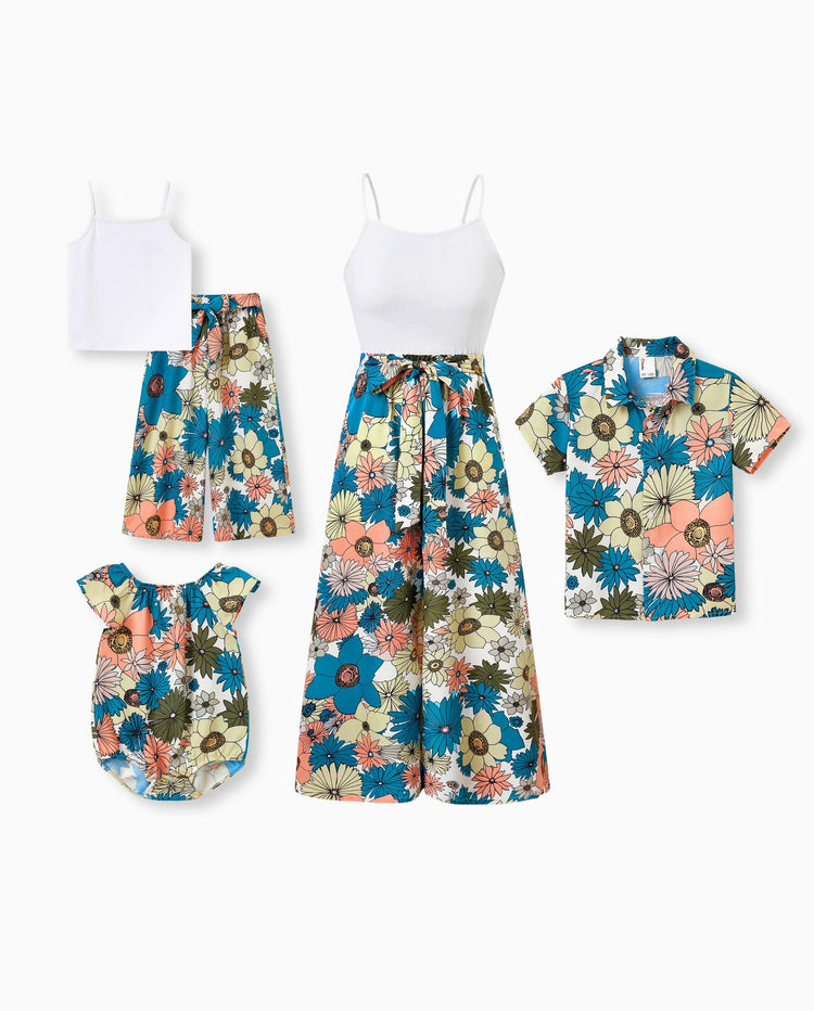 Mommy & me Set Sun Flower Print Short-sleeve Collar Shirt or White Camisole Top and Flower Wide-leg Pants Set for Summer Vacation Multi-color