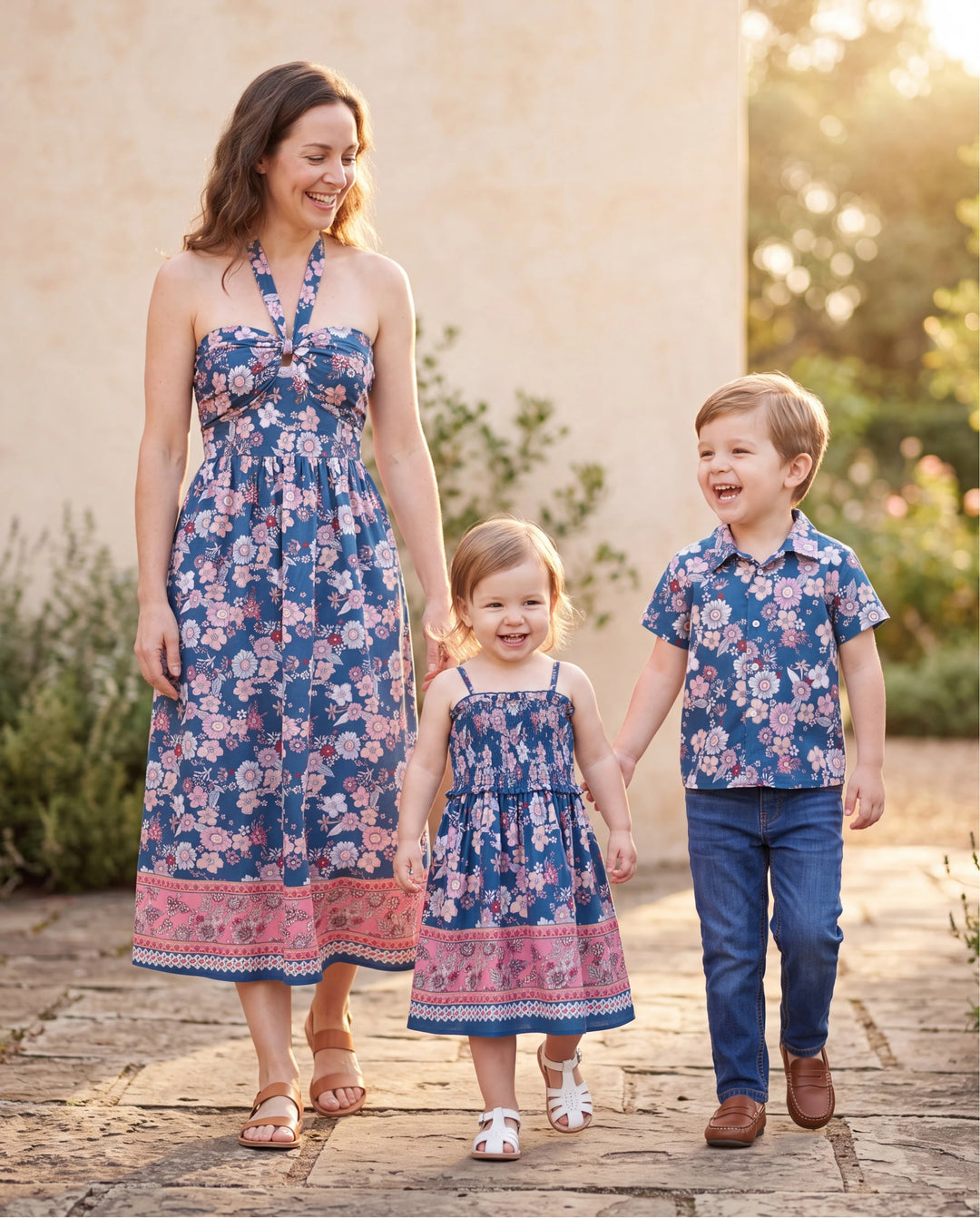 Tenues Maman & moi Chemise à col à manches courtes imprimé floral intégral ou robe sans manches à nouer pour les vacances d'été CYAN-