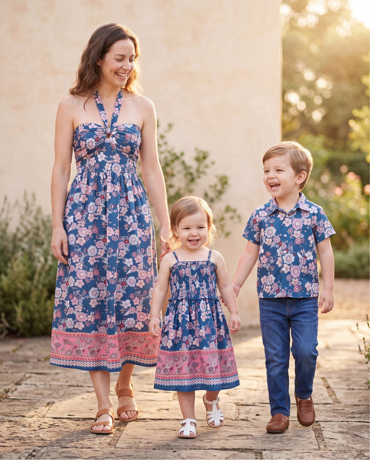 Tenues Maman & moi Chemise à col à manches courtes imprimé floral intégral ou robe sans manches à nouer pour les vacances d'été CYAN-