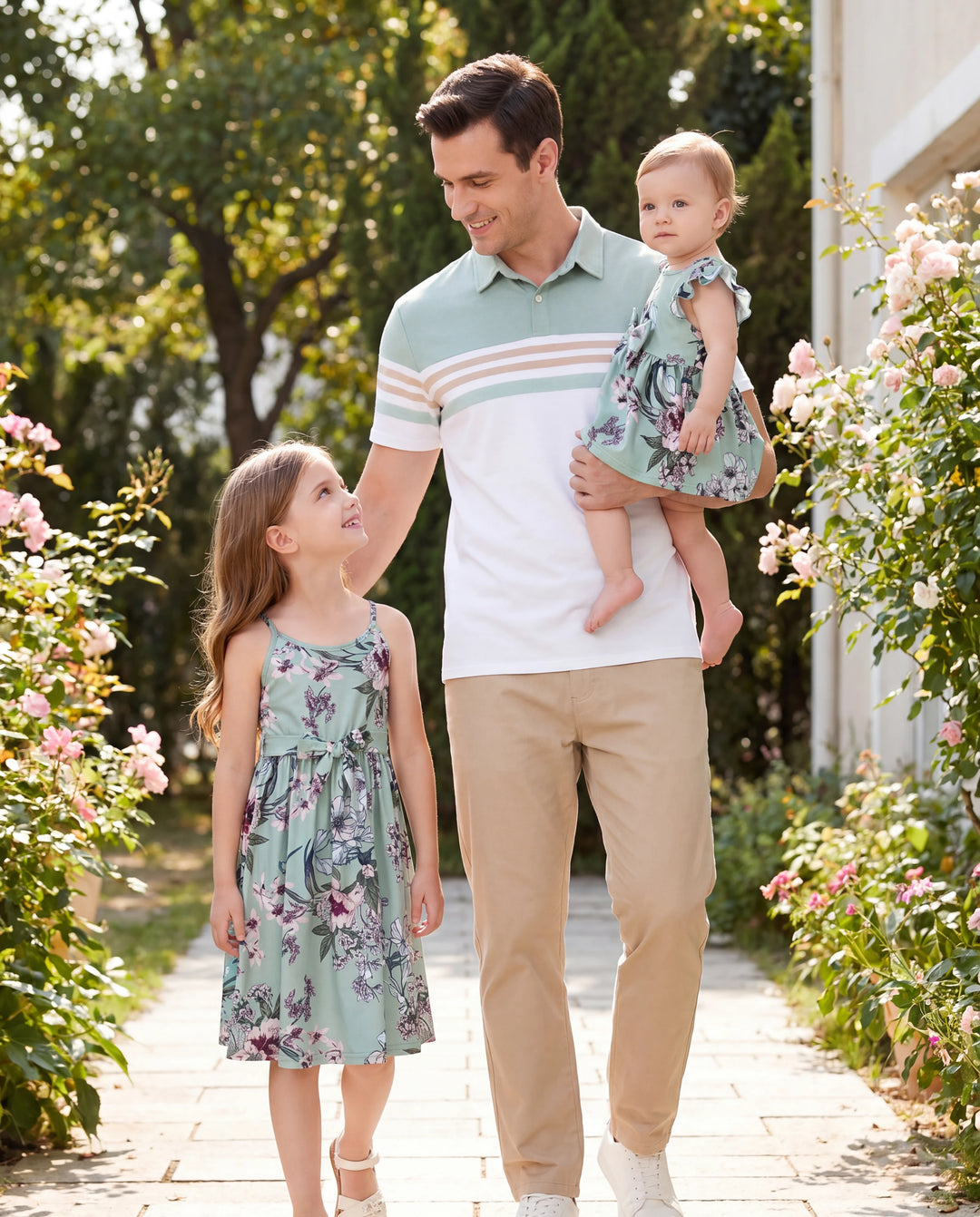 Daddy & Daughter Sets Green Striped Polo Shirt or Flora Print Strap Belted Dress Light Green