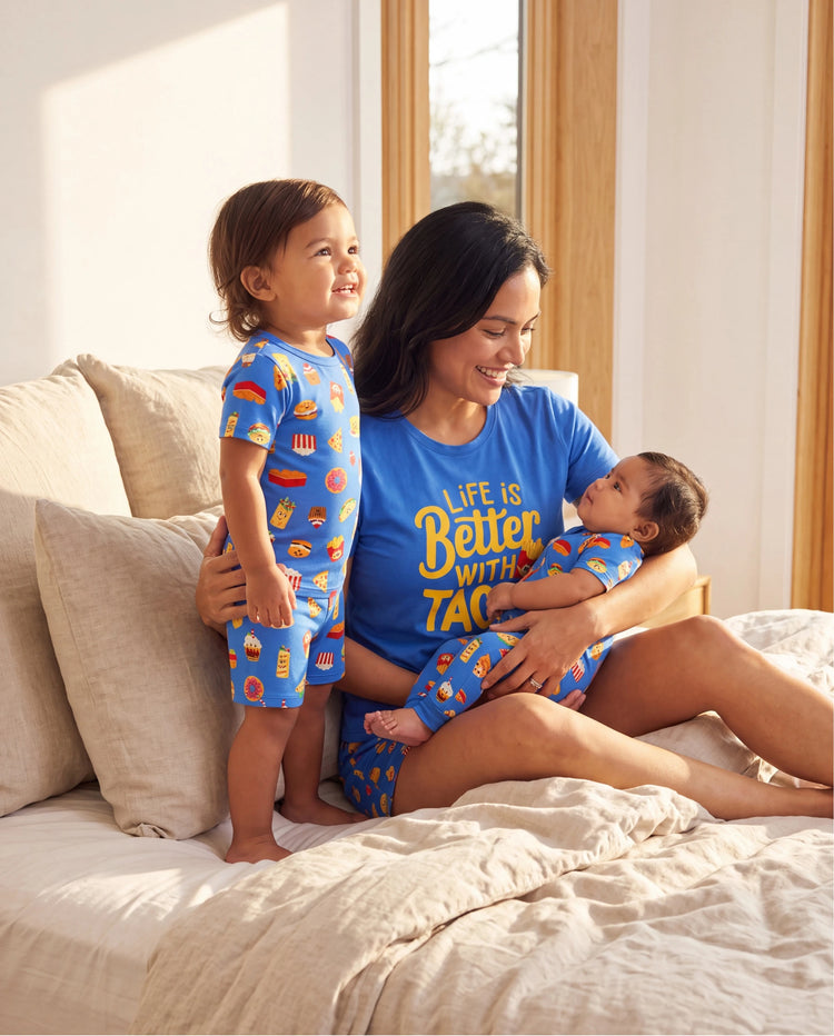 Pyjamas en bambou Maman & moi Pyjamas en bambou ultra doux pour hommes, femmes, enfants et tout-petits, motif mignon burger & frites, pyjama à manches courtes (ajusté pour enfants) Bleu royal