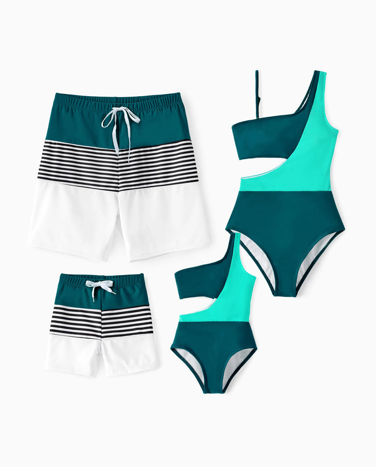 Family Matching Colorblock One Shoulder Cut Out One-piece Swimsuit and Striped Spliced Swim Trunks Shorts DeepTurquoise