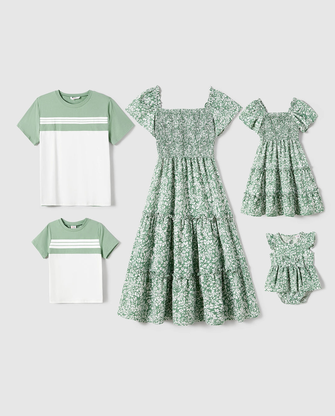 Elegant Broken Flower Matching Outfits for Family, Smocking Design, Medium Thickness Green