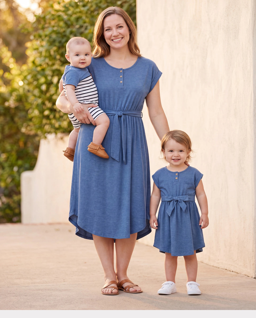 Tenue décontractée douce assortie famille maman et moi robes sous le genou, boutons devant, design ceinturé Bleu