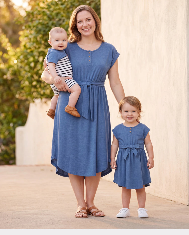 Tenue décontractée douce assortie famille maman et moi robes sous le genou, boutons devant, design ceinturé Bleu