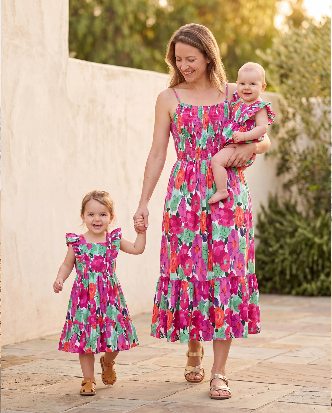 Mom & Me Matching Cotton Vacation Dresses Floral Smocked Dresses with Ruffle Straps for Summer Family Outings & Photos Multi-color