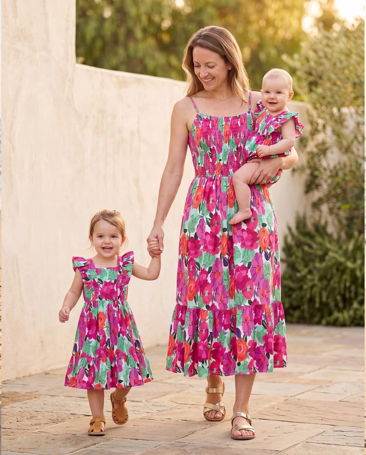 Mom & Me Matching Cotton Vacation Dresses Floral Smocked Dresses with Ruffle Straps for Summer Family Outings & Photos Multi-color
