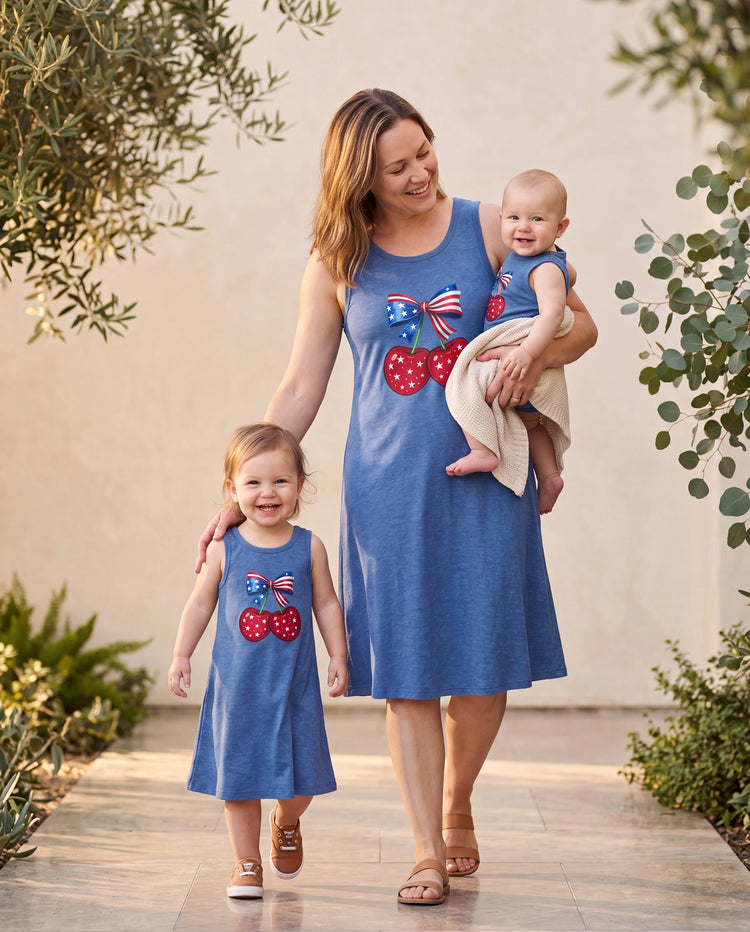 Independence Day Mommy and Me Patriotic Cherry Print Casual Sleeveless Dress Blue